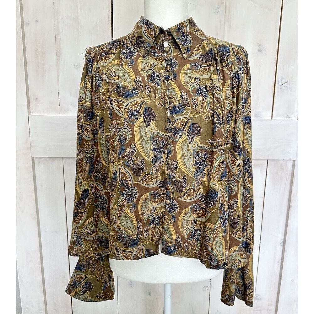 Free People, Brown/Blue Modern Muse Button‎ Up Blouse, Long Bell Sleeve Size XS